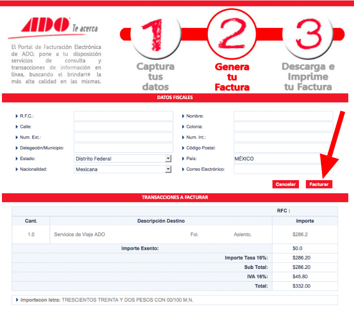 Portal de facturación ADO - paso 3
