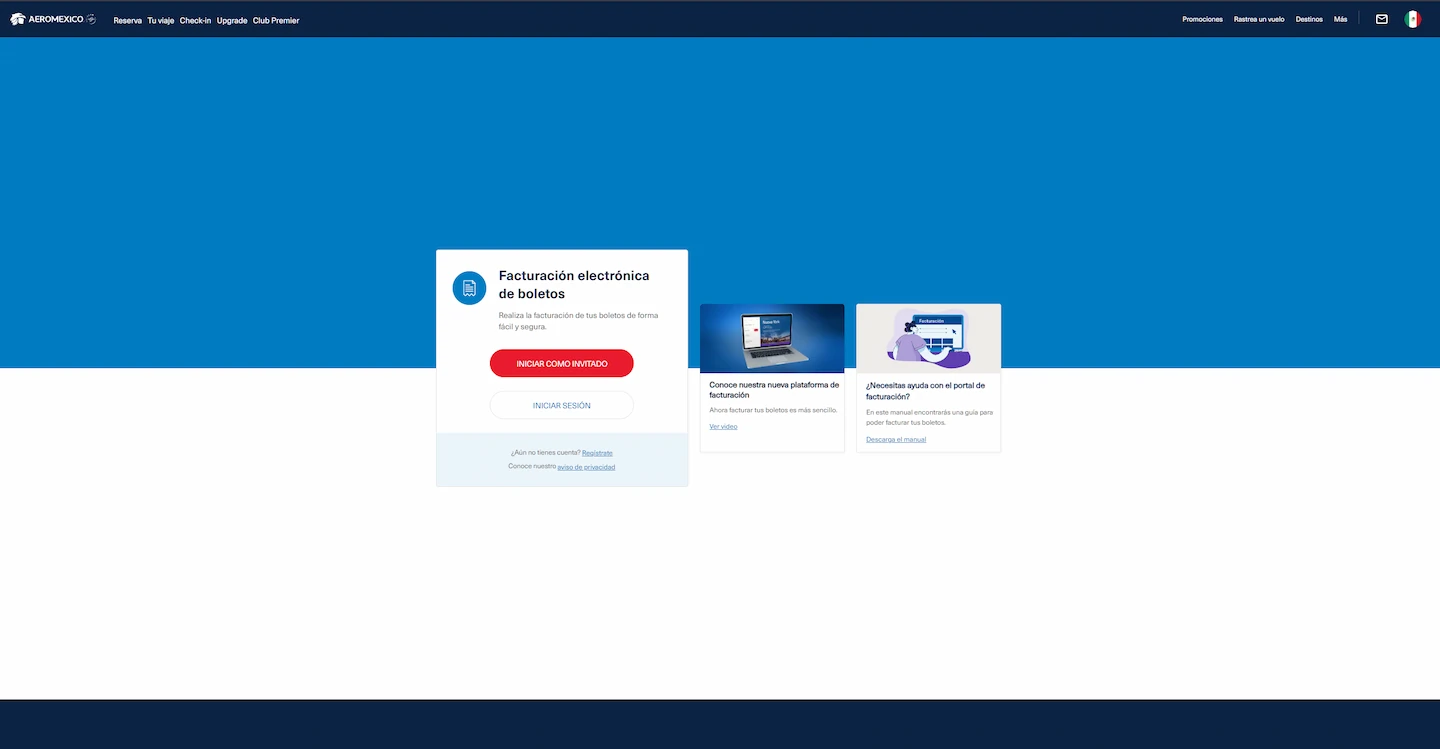 Portal web de Aeromexico con guía de facturación electrónica CFDI, mostrando opciones de inicio de sesión y plataforma de facturación
