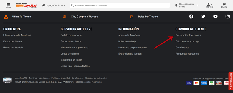 Sitio web AutoZone sección servicio al cliente facturación electrónica