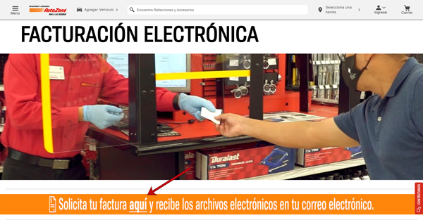 Portal AutoZone opción solicita tu factura