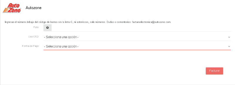 Formulario datos ticket AutoZone folio CFDI método de pago