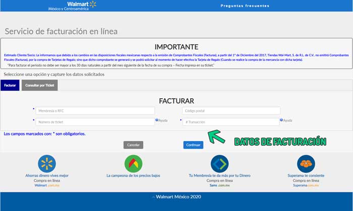 Formulario RFC número transacción código postal Bodega Aurrera