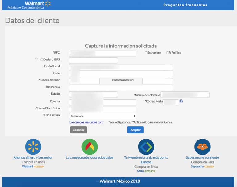 Formulario de datos del cliente para facturación electrónica CFDI en Walmart México
