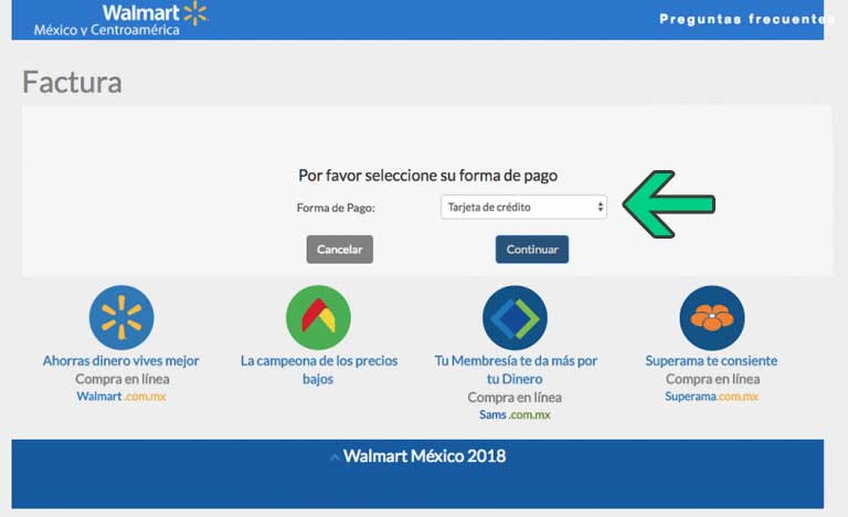 Selección forma de pago facturación Bodega Aurrera