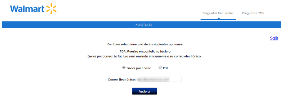 Portal de facturación electrónica de Walmart con opciones para enviar por correo o PDF
