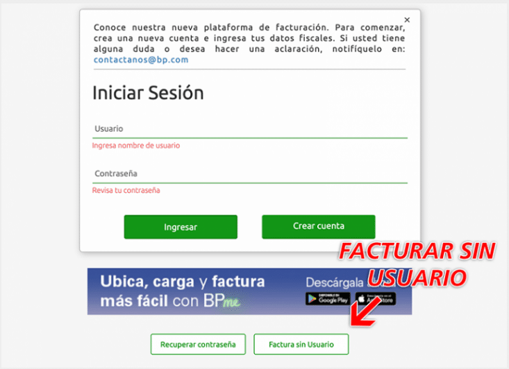 Iniciar sesión o facturar sin usuario BP gasolineras