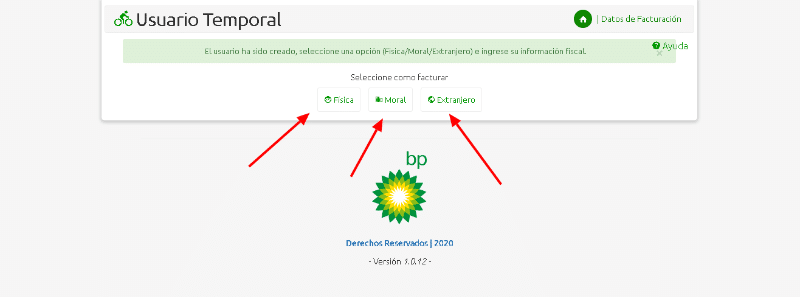 Selección tipo persona física moral o extranjero BP gasolineras