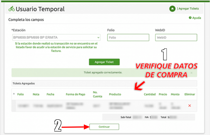Verificación datos de compra factura BP gasolina