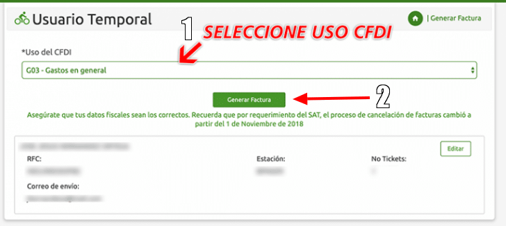 Selección uso CFDI y generar factura BP gasolineras