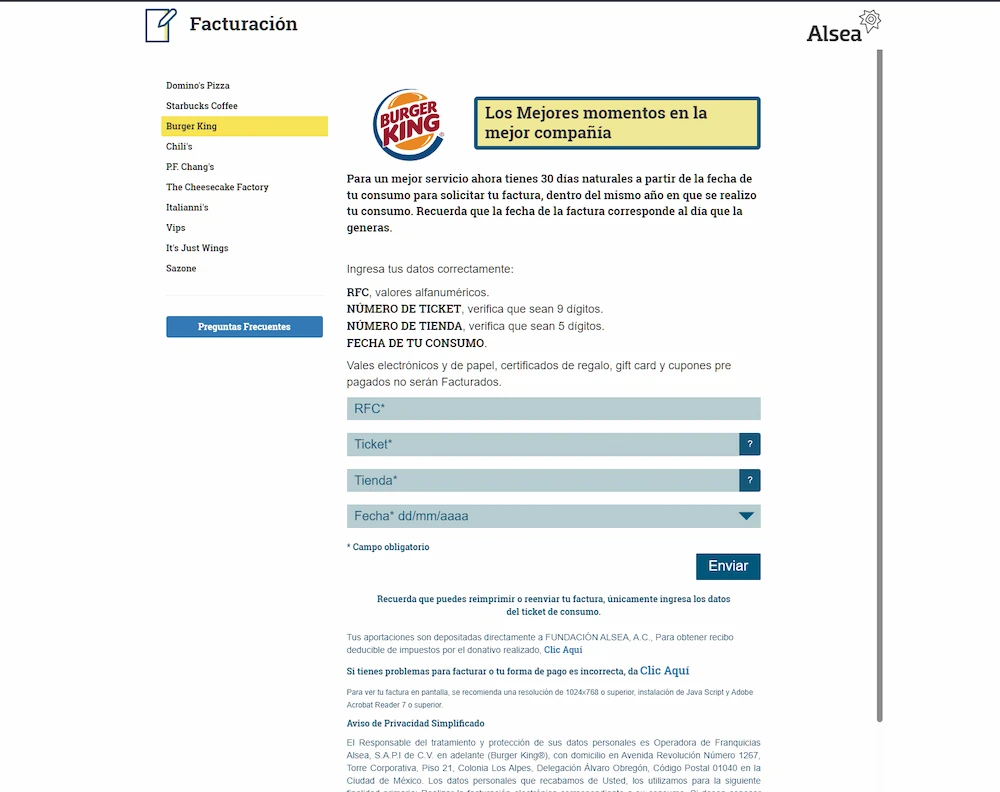 Portal de facturación Burger King México en Alsea