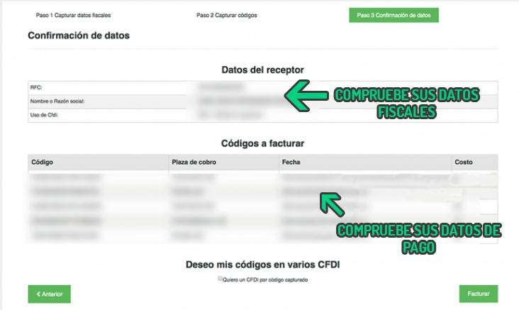 Paso 3 de formulario CFDI Capufe con campos de receptor, códigos a facturar y opciones de pago
