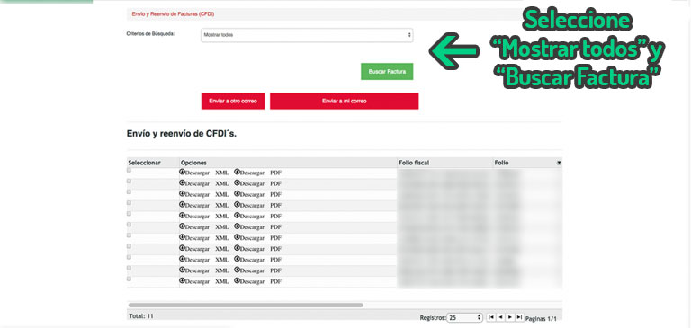 Portal web de emisión y reenvío de facturas CFDI con tabla de registros y opciones de descarga en PDF