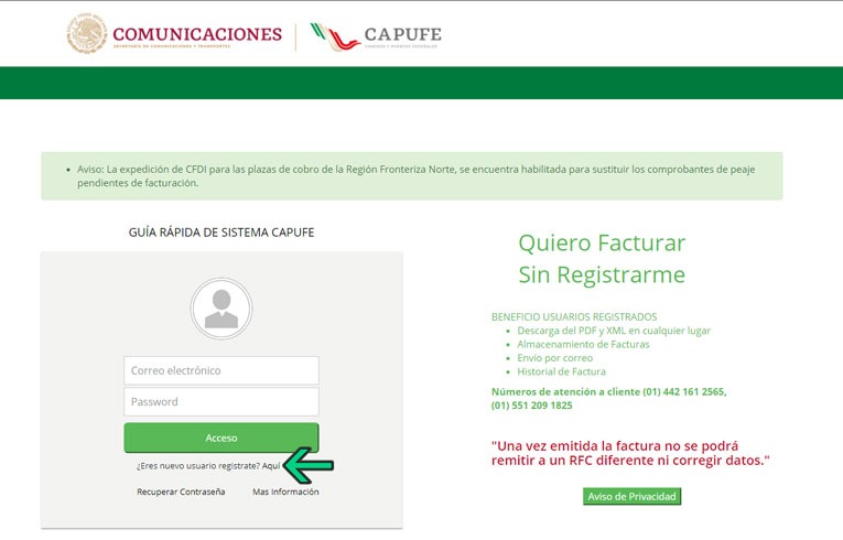 Guía de acceso al sistema CAPUFE con formulario de login, correo electrónico y contraseña para facturación electrónica CFDI.