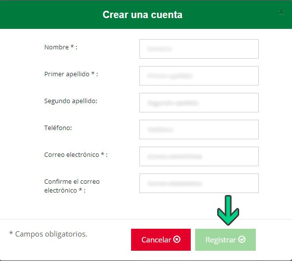 Formulario de registro para crear una cuenta con campos de nombre, apellidos, teléfono y correo electrónico.