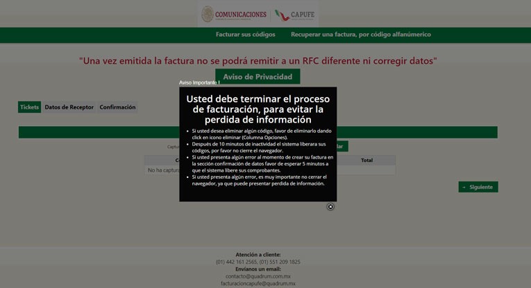 Portal de facturación electrónica CFDI Capufe con formulario de datos de receptor y aviso de privacidad