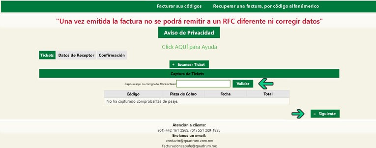 Interfaz de portal Capufe para emisión de facturas electrónicas CFDI con campos RFC, datos de receptor y botón validar.