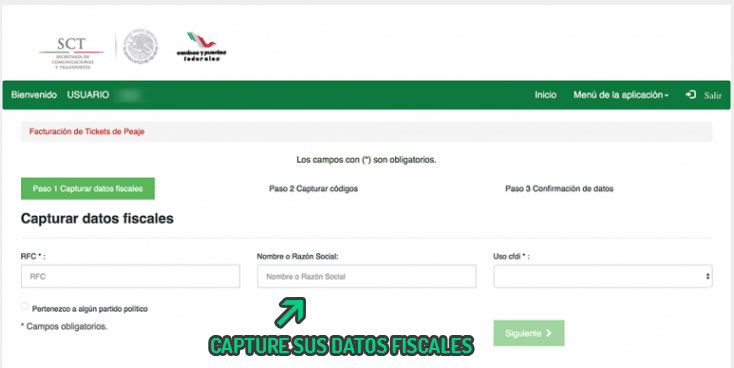 Portal web de facturación de Capufe para capturar datos fiscales con campos RFC y Razón Social