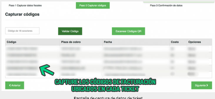 Pantalla de captura de códigos de facturación con tabla de datos y botones de validación en portal web