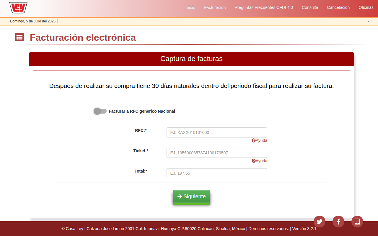 Portal de facturación de Casa Ley