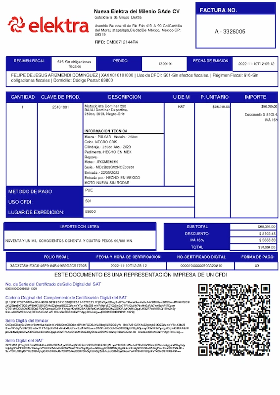Ticket de compra Elektra con datos para facturación electrónica