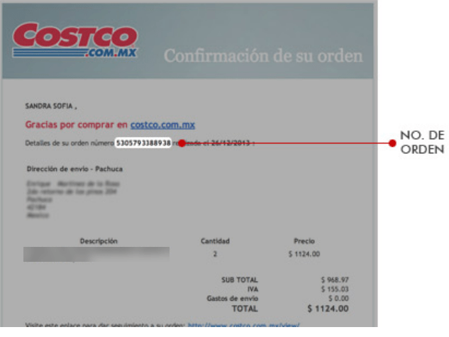 Confirmación de orden de compra de Costco México con número de pedido y detalles de envío a Pachuca