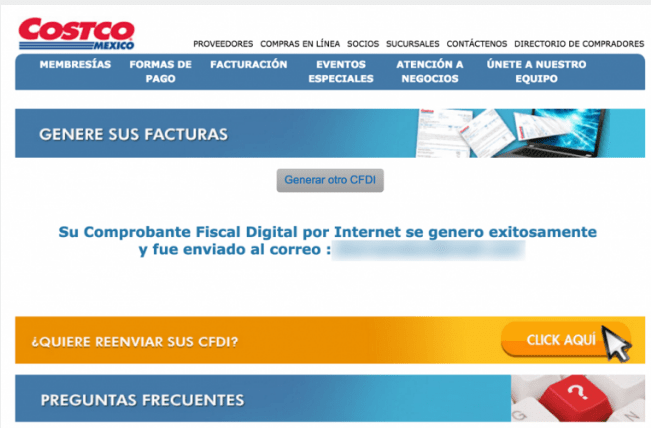 Portal web de Costco México con sección de facturación electrónica CFDI y opción para generar comprobantes fiscales digitales