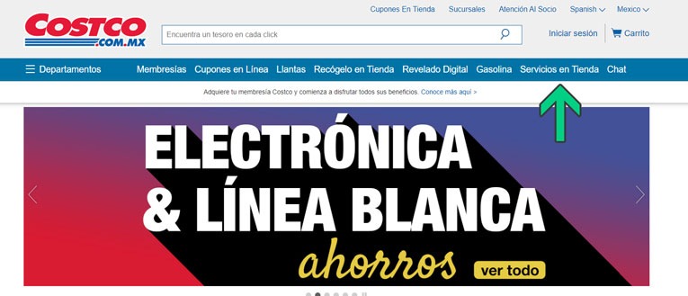 Portada del sitio web Costco.com.mx mostrando promoción de electrónica y línea blanca