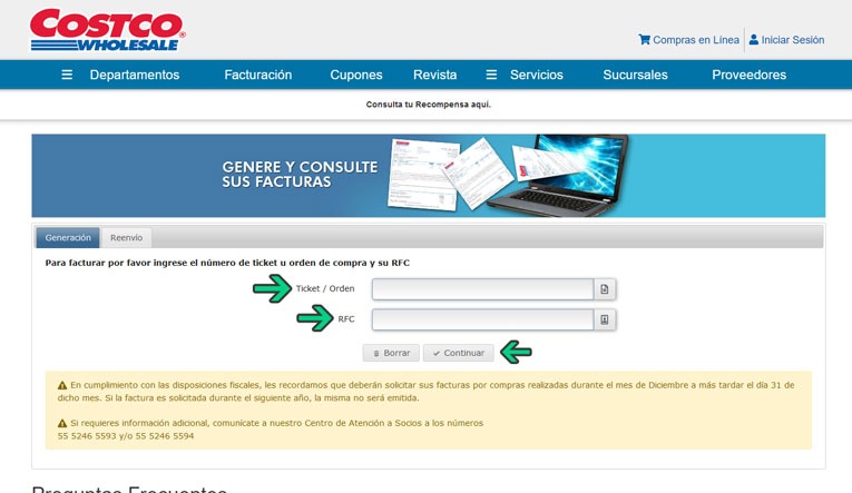 Portal de Costco para consultar y generar facturas electrónicas CFDI con campos de Ticket/Orden y RFC