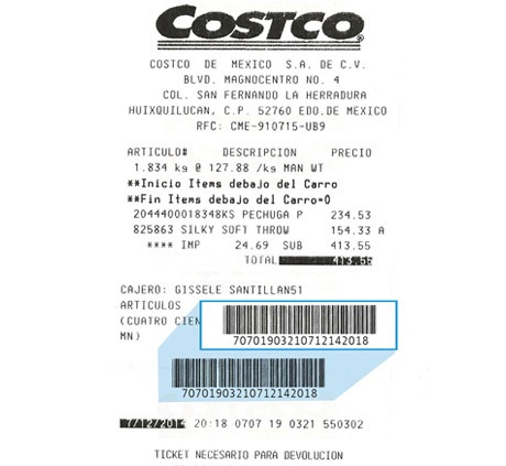 Ticket de compra de Costco México con código de barras, datos fiscales, artículos y total de venta