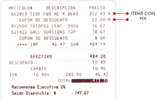 Recibo de compra de Costco con detalles de productos, precios, descuentos e IVA en México