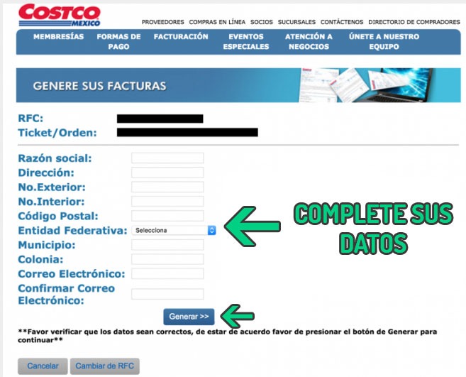 Formulario de facturación electrónica CFDI de Costco México con campos para RFC, dirección y datos fiscales