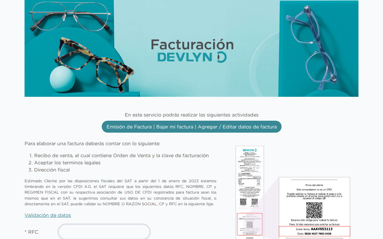 Portal de facturación de Devlyn
