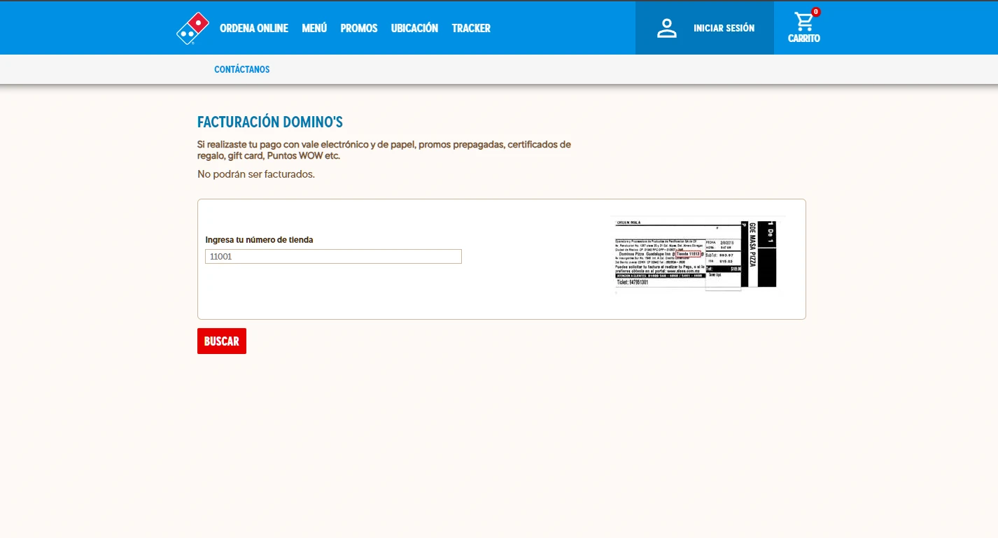 Portal de facturación Domino's con formulario para ingresar número de tienda y ejemplo de ticket de compra