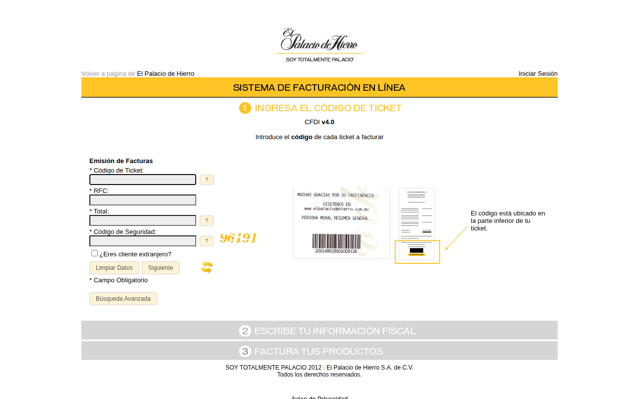 Portal de facturación de El Palacio de Hierro