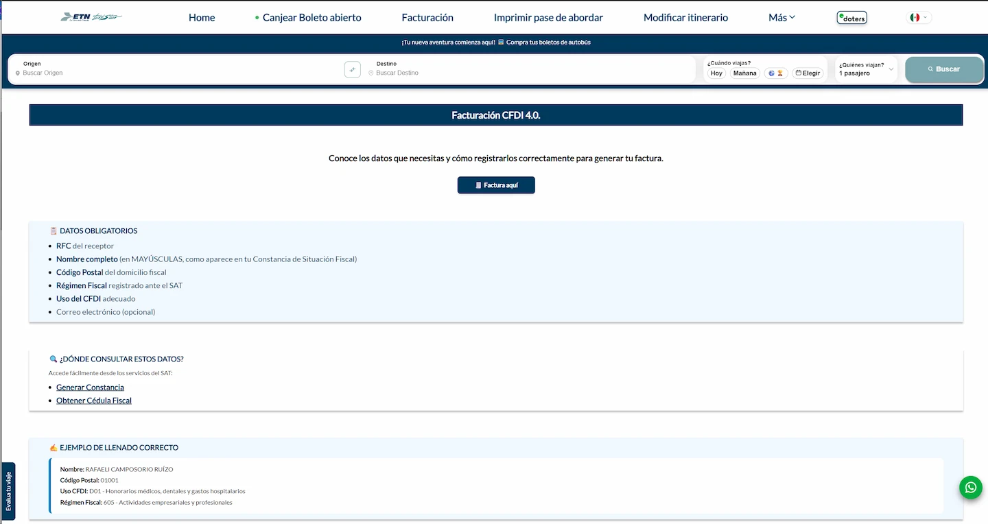 Portal de facturación ETN Turistar México