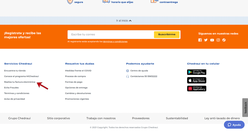 Sitio web Chedraui opción factura electrónica