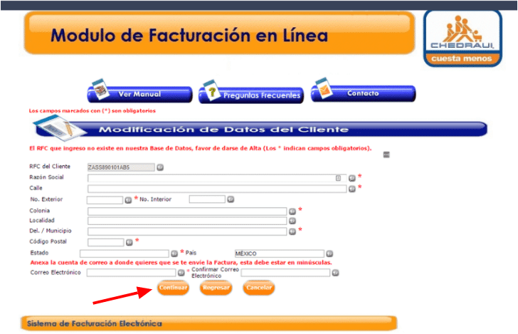 Datos fiscales dirección correo código postal Chedraui