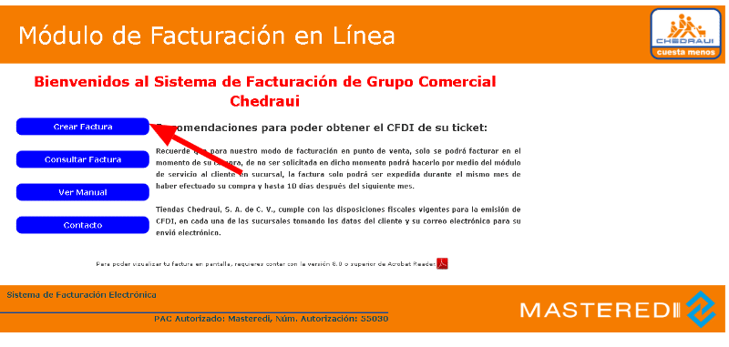 Portal web de facturación en línea de Grupo Comercial Chedraui para emitir CFDI
