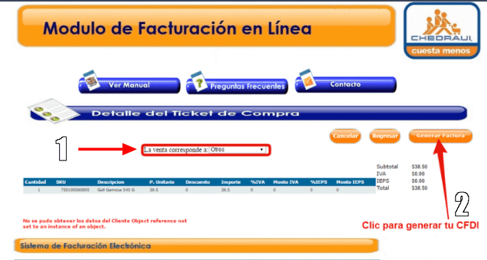 Generación factura electrónica selección departamento Chedraui