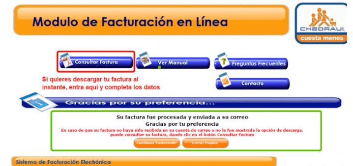 Guía del módulo de facturación en línea de Chedraui con opciones para consultar, descargar y gestionar facturas electrónicas