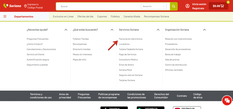 Sitio web Soriana enlace facturación electrónica al pie de página