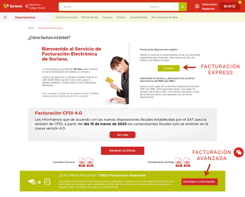 Opciones facturación express sin registro o avanzada Soriana