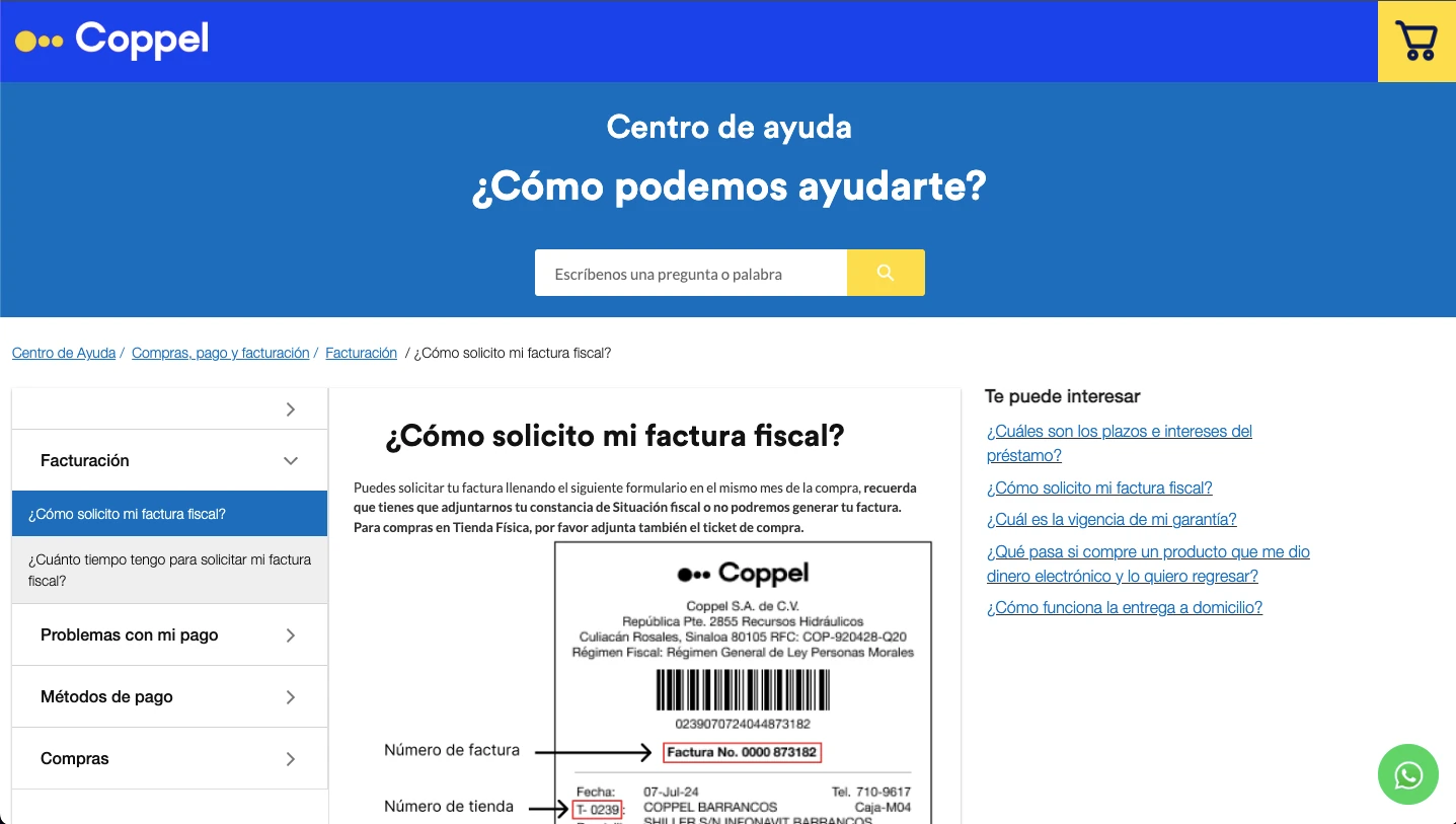 Guía del Centro de Ayuda de Coppel sobre cómo solicitar factura fiscal con ejemplo de ticket