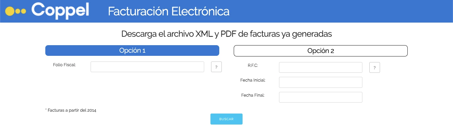 Interfaz de descarga de facturas electrónicas con opciones de búsqueda por folio fiscal o RFC con fechas.