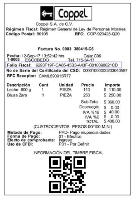 Folio fiscal UUID factura electrónica Coppel