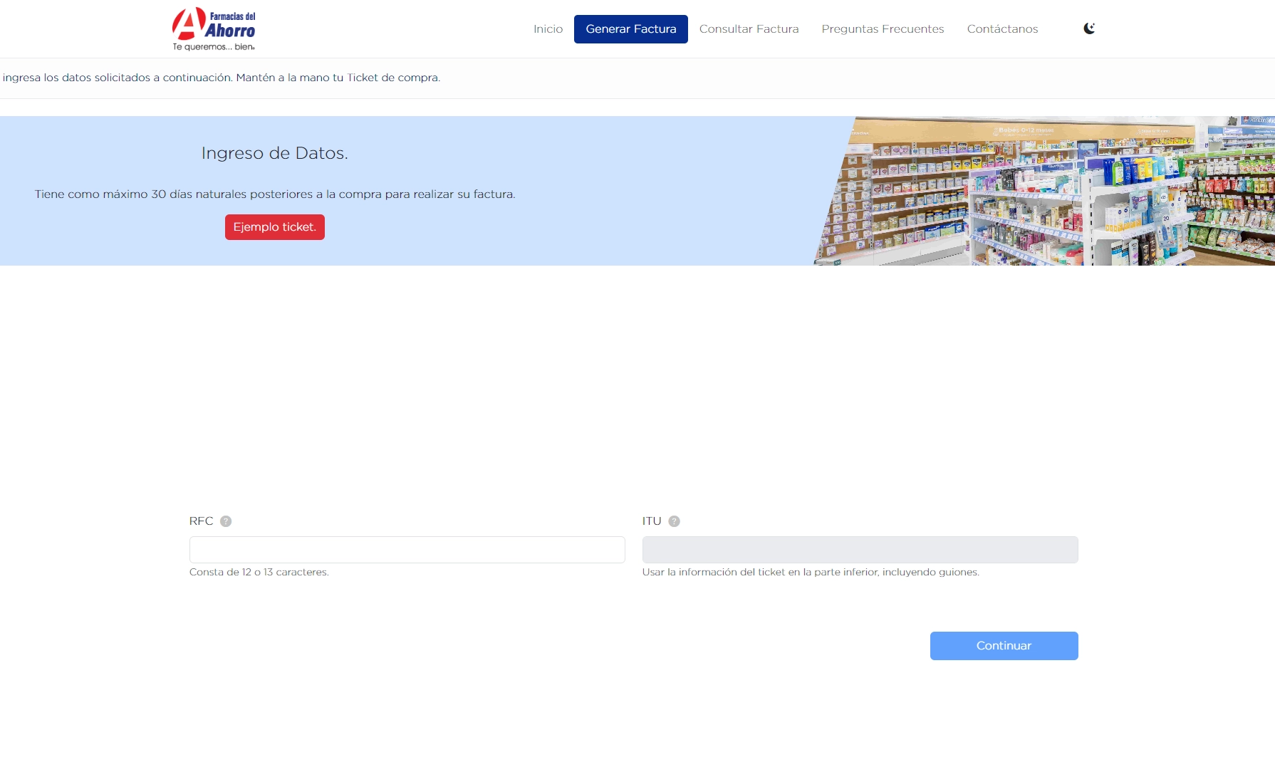 Portal de facturación electrónica de Farmacias del Ahorro con campos RFC e ITU para generar factura CFDI