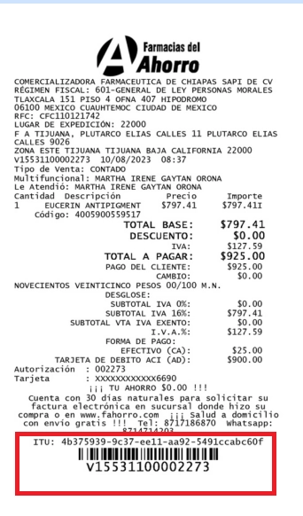 Recibo de compra de farmacia con detalles de productos, precios, impuestos y código QR de facturación electrónica.