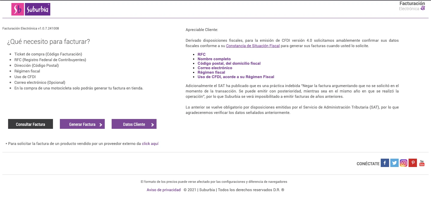 Portal de facturación electrónica de Suburbia con opciones para generar y consultar facturas CFDI