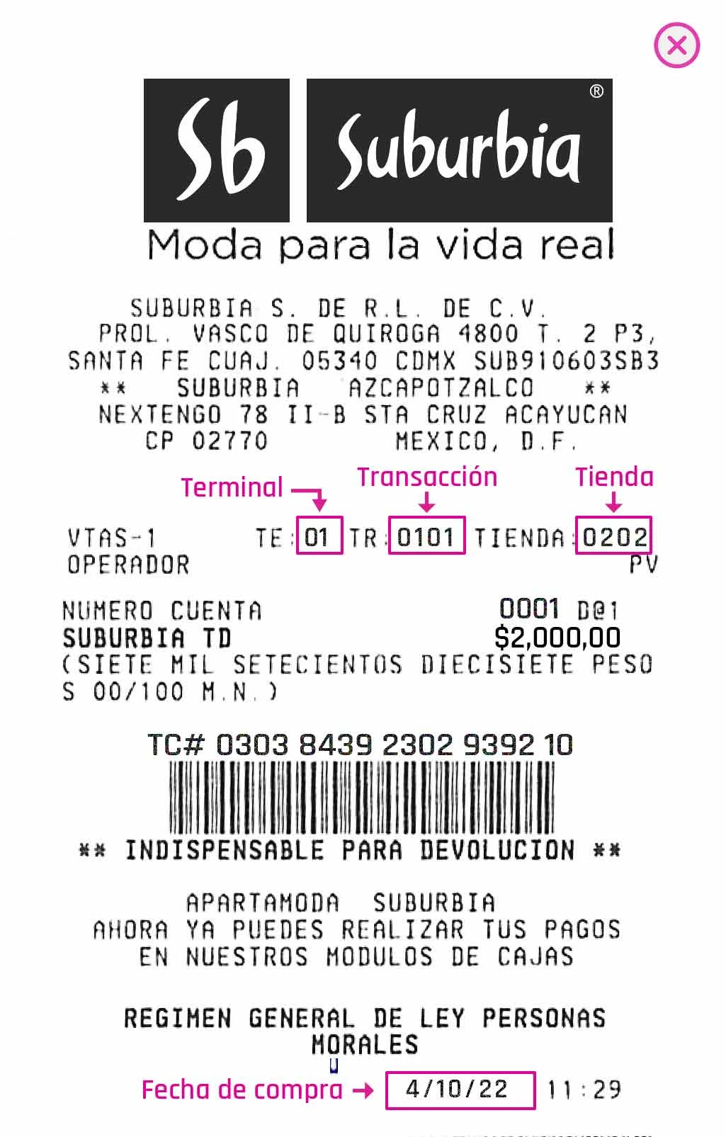 Recibo de compra Suburbia con datos de transacción, terminal, tienda y código de barras