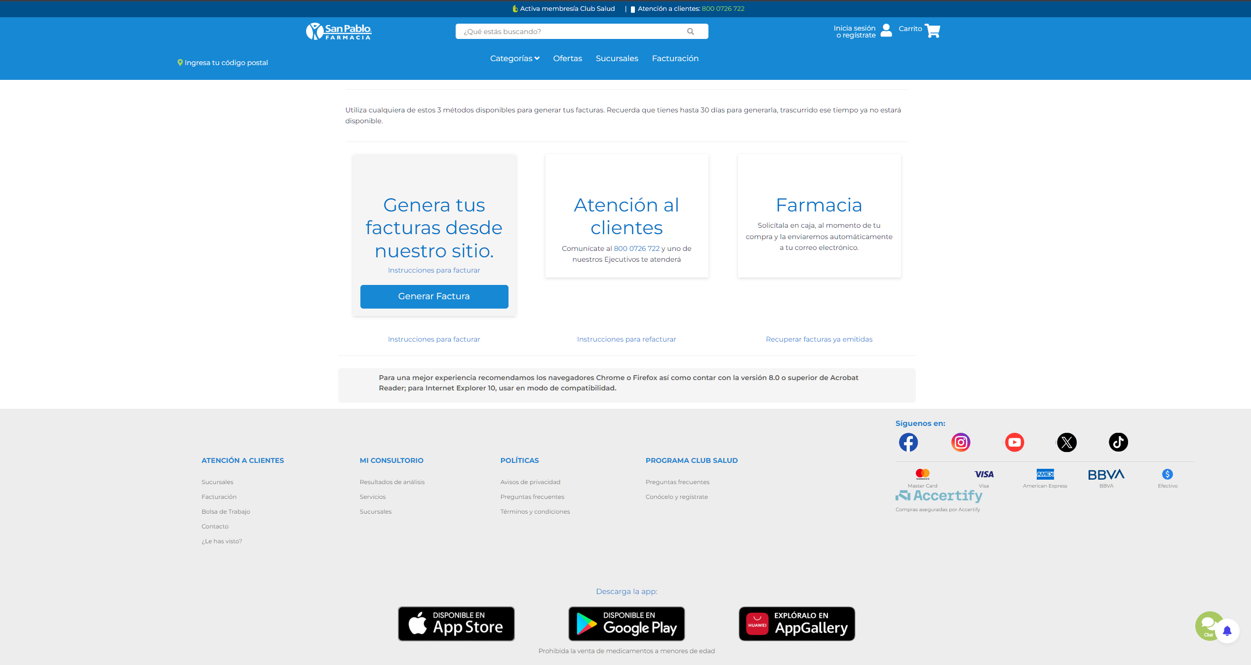 Portal web de Farmacia San Pablo con opciones para generar facturas electrónicas CFDI y atención al cliente.